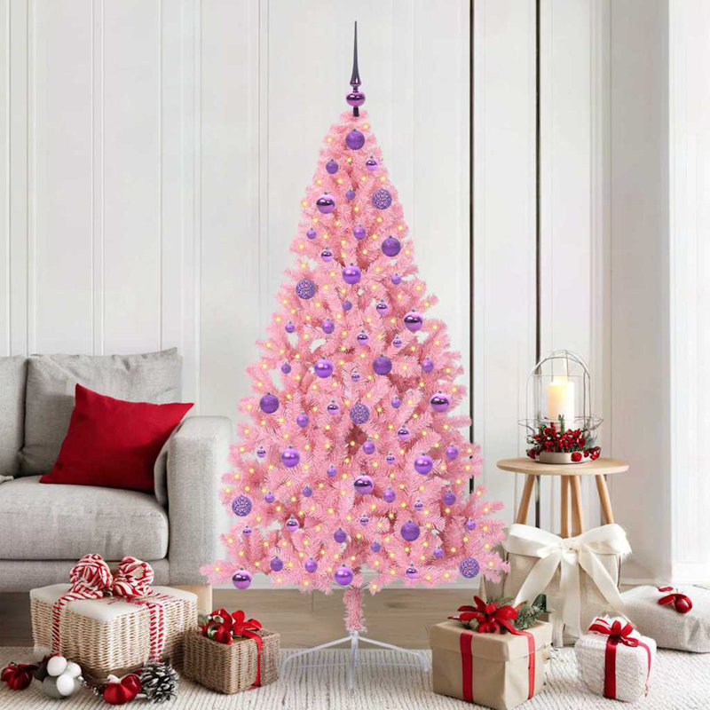 5.91' H Lighted Artificial Christmas Tree, Pink, 180 cm, with 120 Lilac Balls