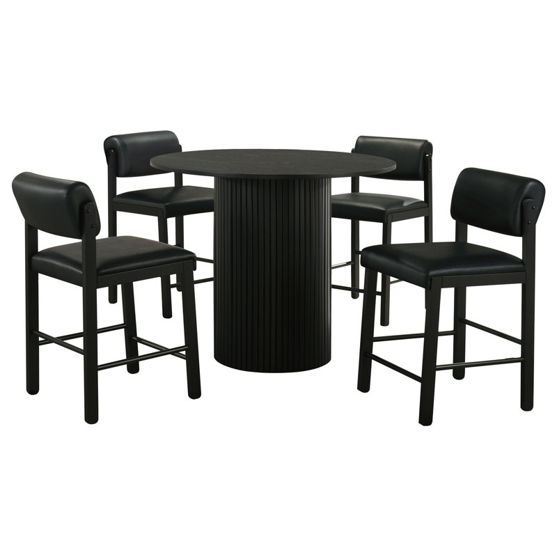 Ensemble de salle à manger Weidar 5 pièces, hauteur comptoir, rond, avec 4 chaises en similicuir noir, Black, Black