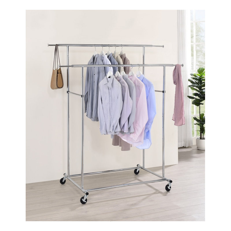 Portant à vêtements industriel à double barre réglable de 165 cm avec roulettes, en métal chromé, idéal pour le commerce de détail et l'organisation à domicile.
