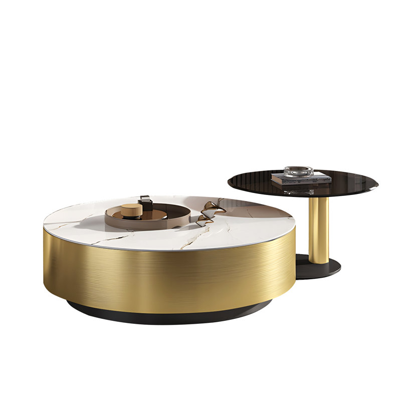 Ninah No-Assembly Required, Modern Light Luxury Round Nesting Coffee Table With 1 Drawer, Glass Rock Panels