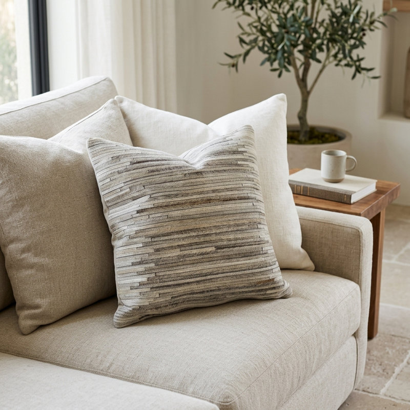 Square Striped Genuine Cowhide Leather Throw Pillow (Cover & Insert), Gray