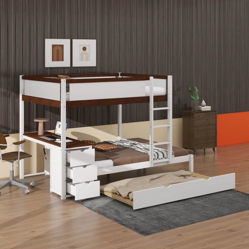 Bunk Bed With Trundle And Desk, White/Walnut, Twin Over Twin