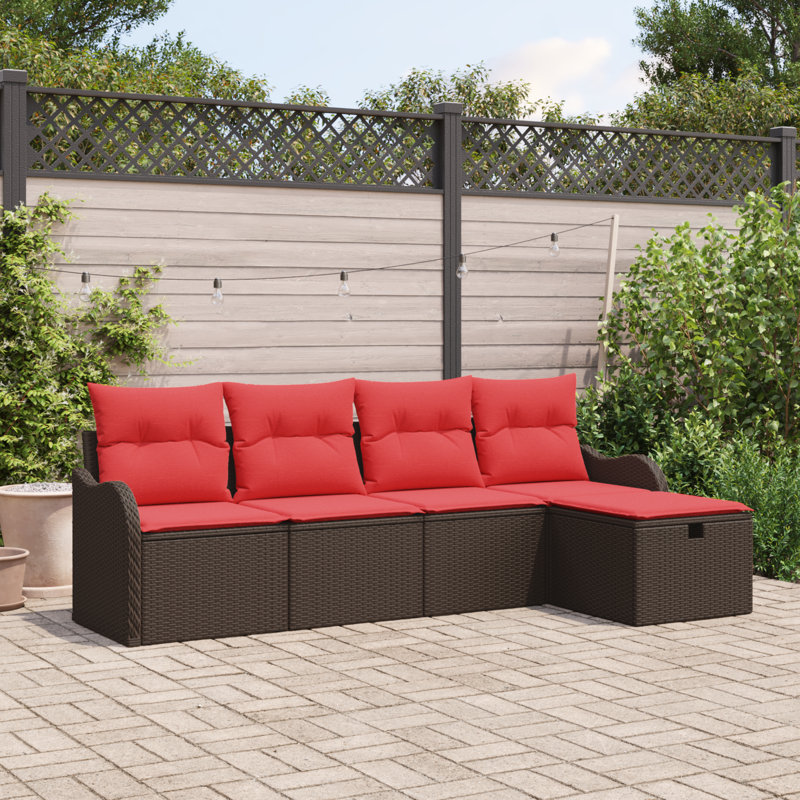 Ensemble de canapé de jardin avec coussins vidaXL 5 pièces brun et rouge, Structure brune / coussin rouge