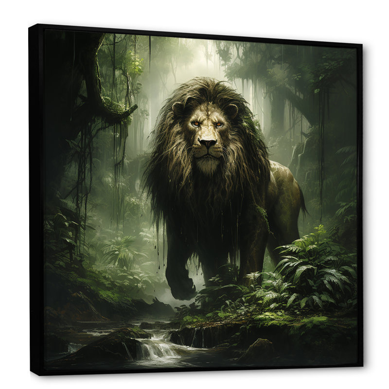 Lion brun et vert, monarque, décoration murale animal lion, H 36 po x l 36 po x P 1,5 po, Cadre flottant noir