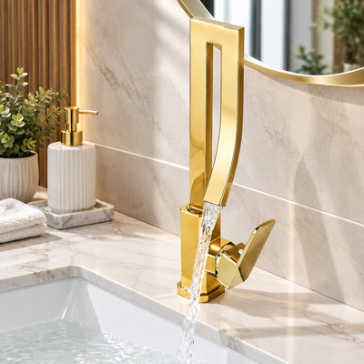 Modern Gold Single Hole Bathroom Sink Faucet Hollow Rectangular High Arc Spout Single Handle Vanity Faucet with 15.7inch Supply Lines