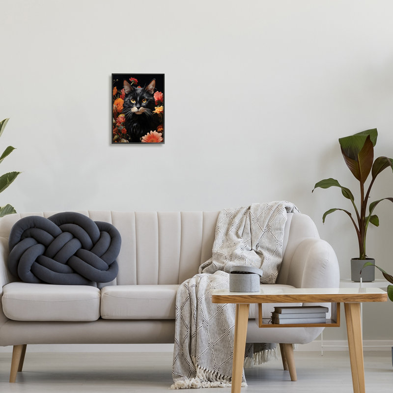«Cat & Blooming Flowers» par Gary Shergill Designs, reproduction d'art sur toile, Giclée encadrée noir minuit