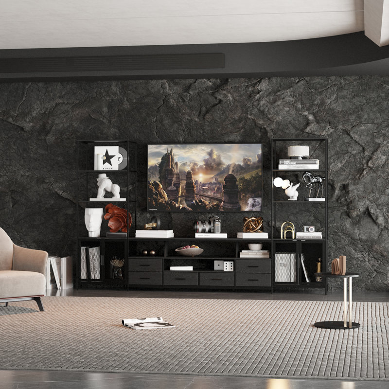 Modern Black Entertainment Center With 6 Drawers, Metal Mesh Doors, And Carbon Steel Frame