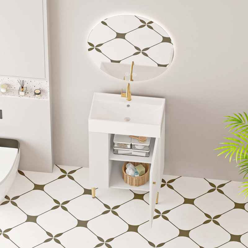 Meuble-lavabo à tablettes ouvertes avec lavabo en céramique et porte à fermeture douce, armoire de rangement à tablettes ouvertes sur le côté gauche, assemblage requis