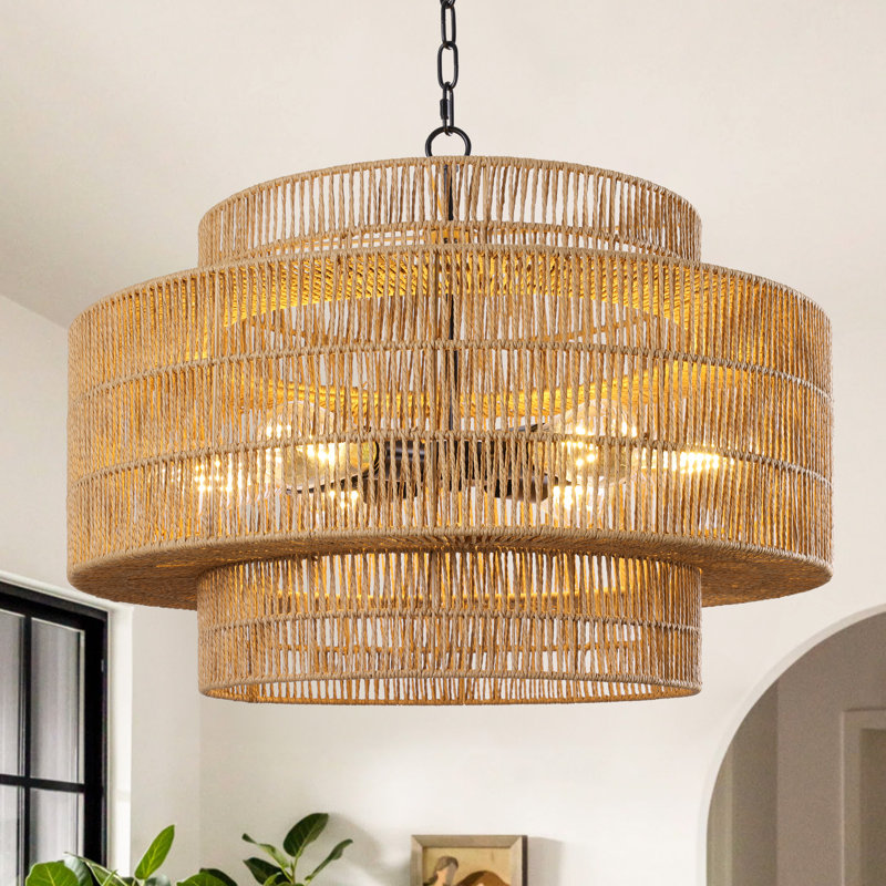 6-Light Dimmable Hand-Woven Drum Chandelier