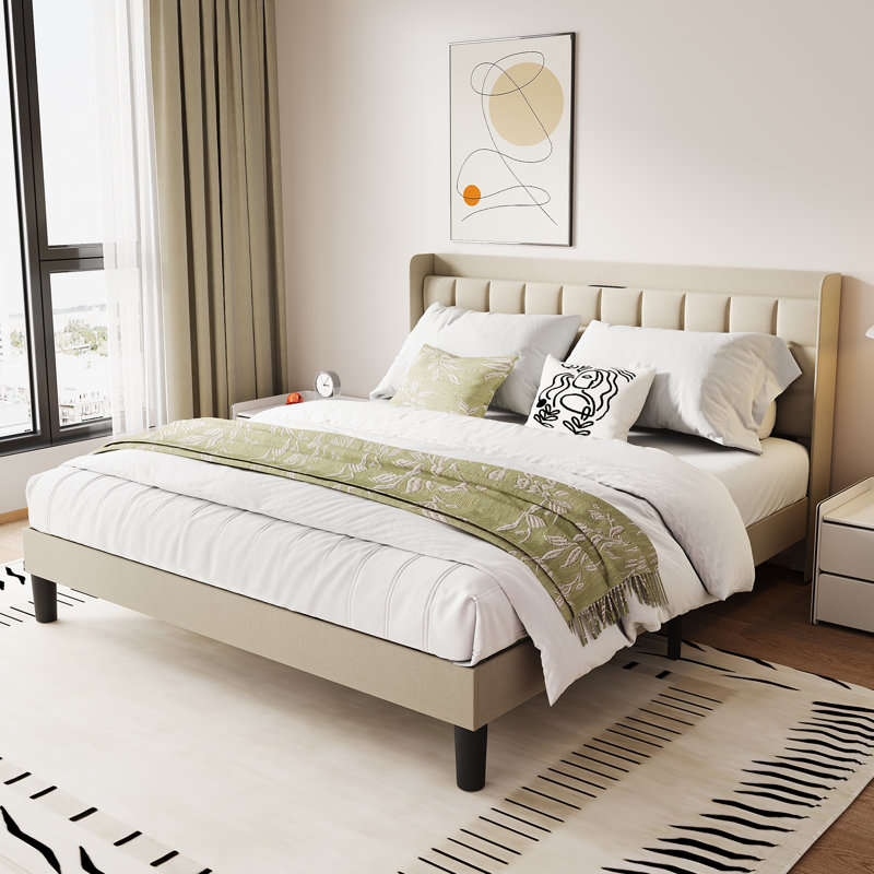 Modern Linen Upholstered Bed Frame with USB Charging Station, Single (3'), Beige