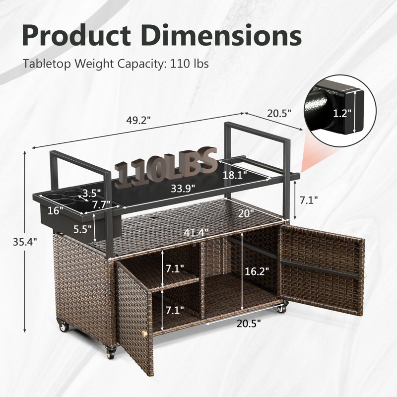 Versatile Outdoor Wicker Mobile Food Cart with Tempered Glass Top and Storage Cabinet, Brown