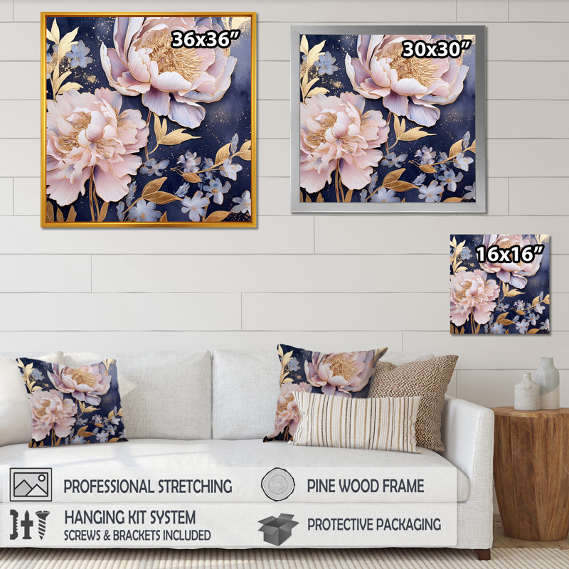 " Pink Retro Peonies on Blue " Print, 30" H x 30" W x 1" D, Wrapped Canvas