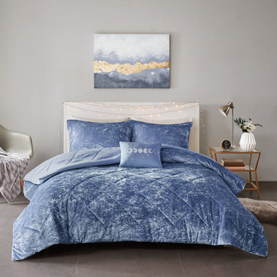 Édredon luxueux en velours bleu pervenche pour lit double / grand lit - Design et coussin décoratif lavable à la machine