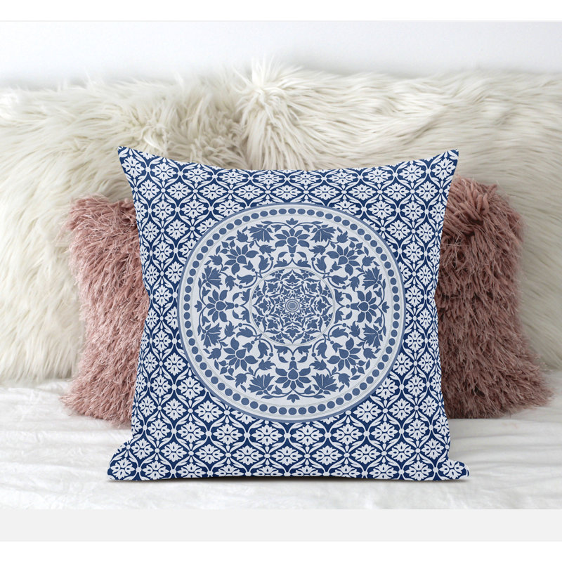 Light Blue and White Faux Suede Reversible Throw Pillow