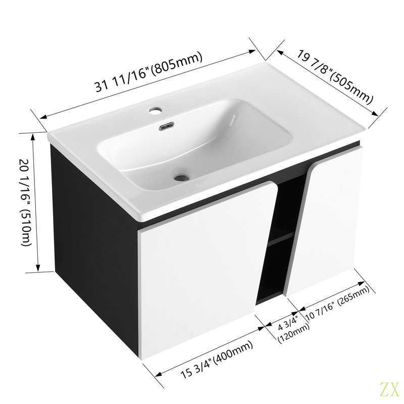 Meuble-lavabo mural flottant 32 po avec lavabo simple et porte d'armoire à fermeture en douceur 32 po, 32"