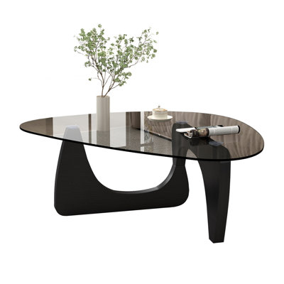 Table basse moderne en verre avec base en bois noir, style Mid-Century, L 32,3 po x l 23 po x H 16 po