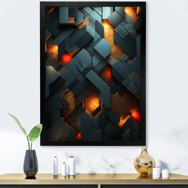 Vert et or élégant géométrique foncé II - art mural abstrait, Cadre photo noir, H 44 po x l 34 po x P 1,5 po