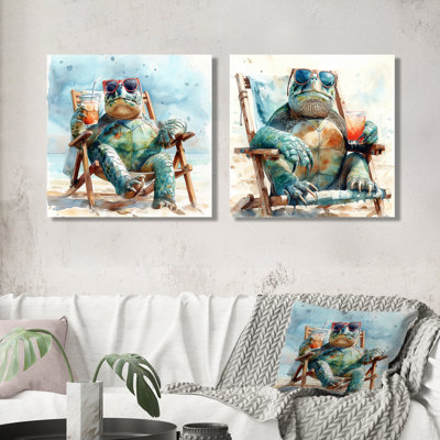 «Turtle Beach Day In The Sun I» - art mural animaux côtiers - art mural nautique sur toile 2 pièces