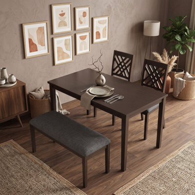 4-Piece Dining Table Set with Rectangular Table, 2 Upholstered Cross-Back Chairs and Padded Bench for Dining Rooms