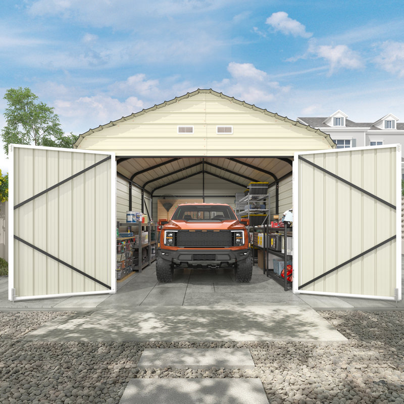 12x20 Ft Heavy Duty Carport, Galvanized Steel Frame Car Shelter With Reinforced Base, Enclosed Storage Shed For Cars & Trucks, Beige