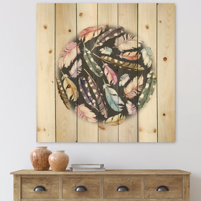 " Colorful Boho Feathers In Circle " Painting Print