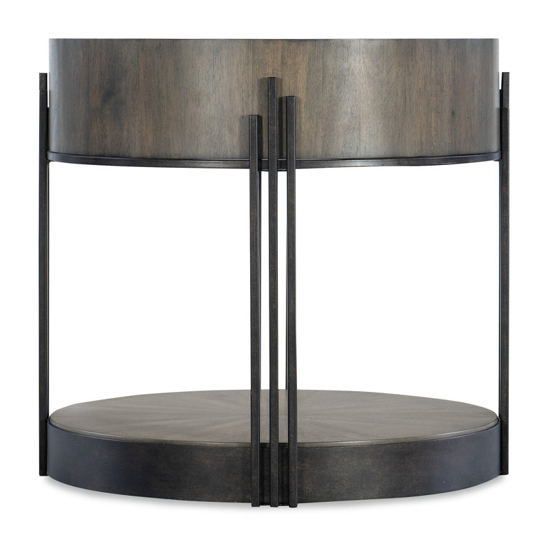 Round Brown Wood and Metal Transitional End Table