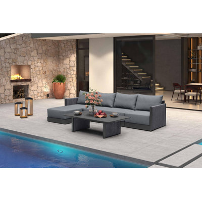 Ensemble de mobilier de patio extérieur 6 pièces en forme de L Sets Ensembles de conversation avec canapés repose-pieds Mobilier en aluminium Sofa Canapé de patio avec coussins et ensembles de conversation de table en aluminium gris ， Convient aux patios, porches, bord de piscine et terrasses
