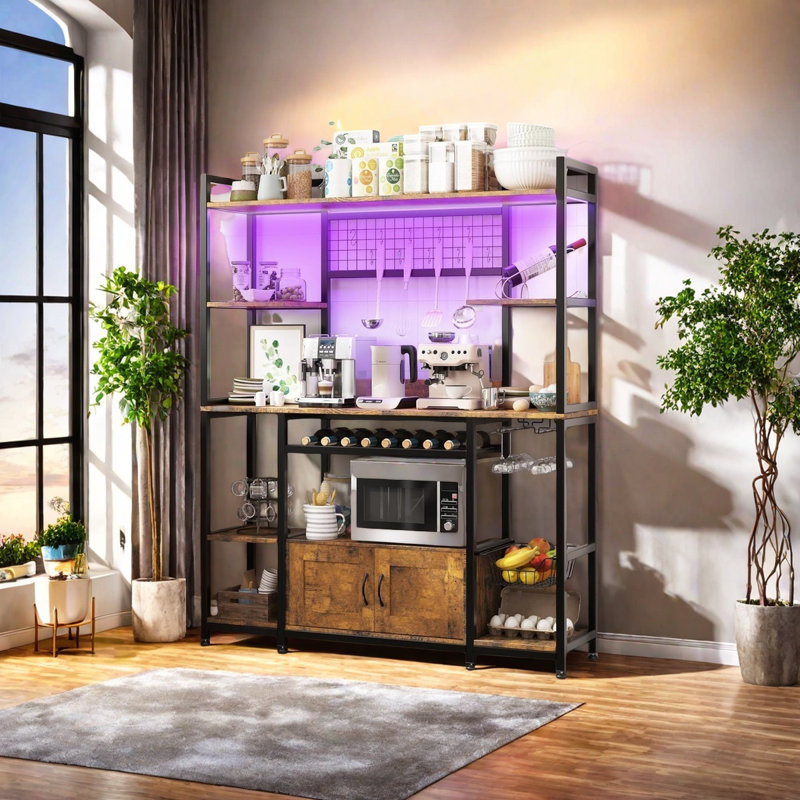 Bakers Rack With Power Outlet And Led Light, Farmhouse Coffee Bar Cabinet