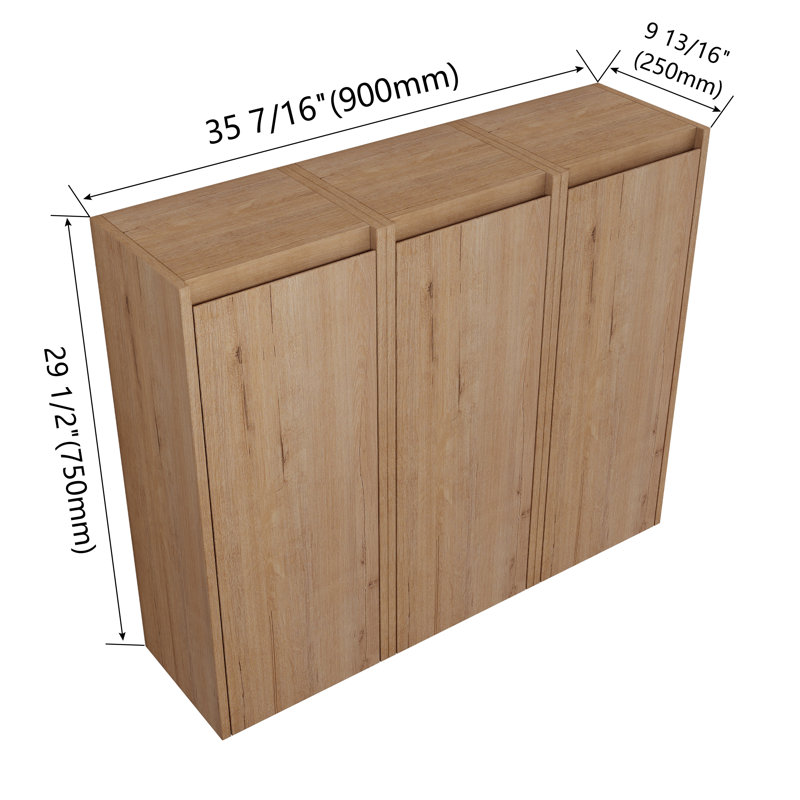 36" Wall Mounted Bathroom Side Cabinet With 3 Soft Close Doors, Imitative Oak