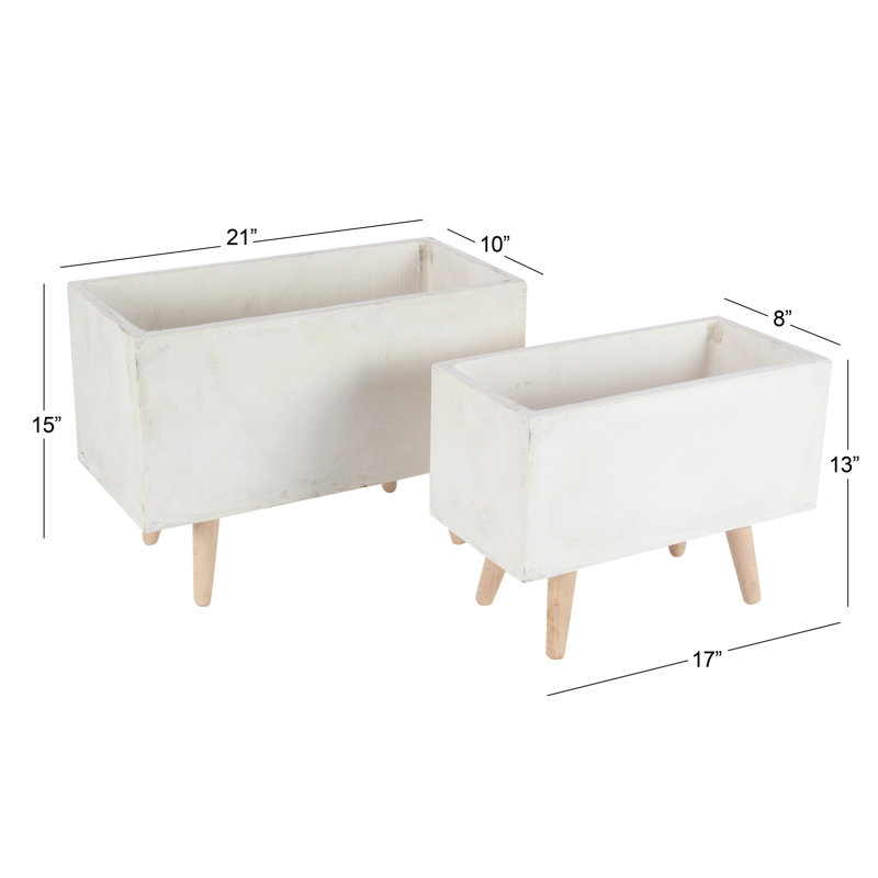White Fiber Clay Rectangular Planters with Wood Legs, Set of 2