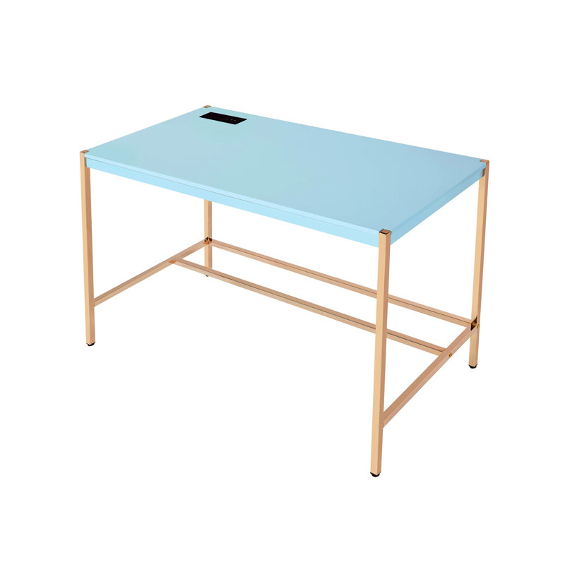 Bureau d'écriture rectangulaire avec port USB, bleu bébé et or, Bleu pastel
