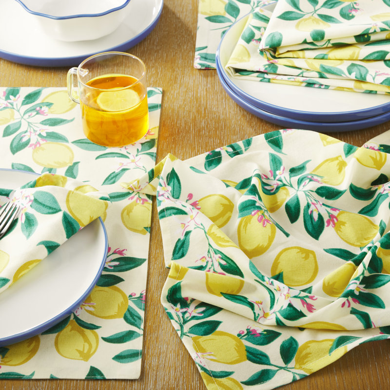 DRAPER JAMES Lemon Blossom Cloth Napkins 4-Pack Set, Yellow/Green, 19"x19"