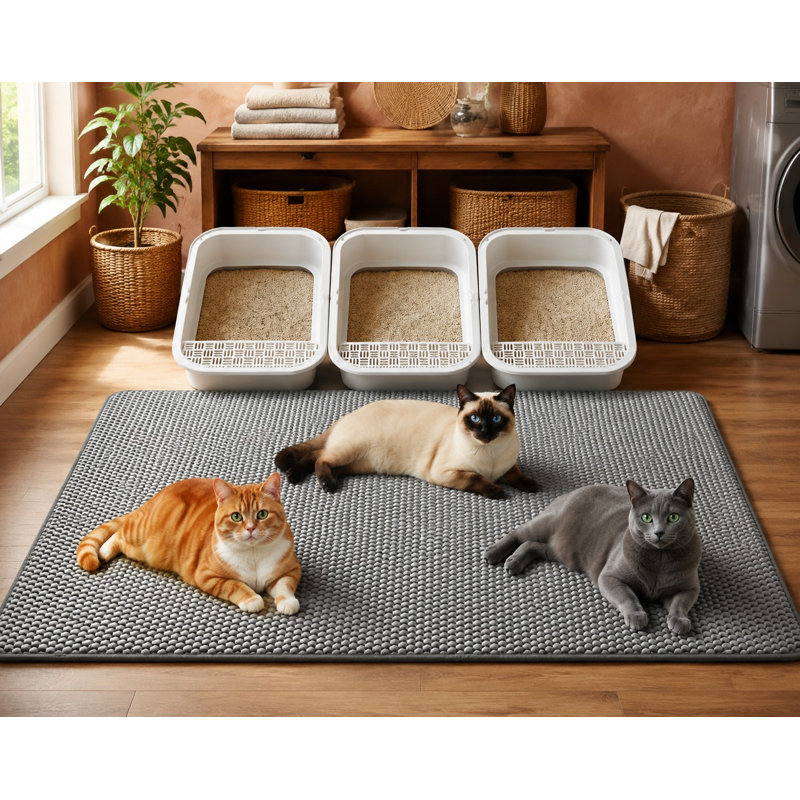 Gray extra-large 46 x 26 in litter trapping mat with a honeycomb double-layer structure; the material is waterproof and urine-proof, contains no phthalates, resists slipping, and is washable for easy cleaning.