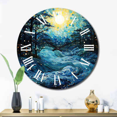 River majestueux cascade pointillisme - horloge murale abstraite