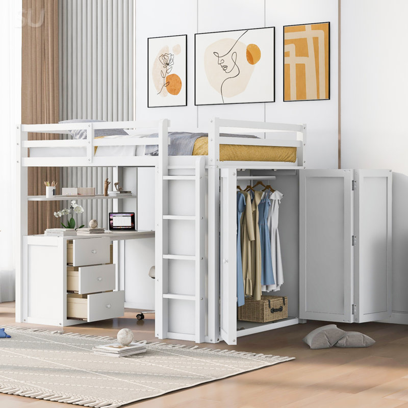 Full Size Loft Bed With Drawers,Desk,And Wardrobe, White