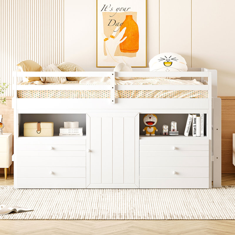 Lit mezzanine simple avec 4 tiroirs, sous l'armoire et les tablettes, blanc