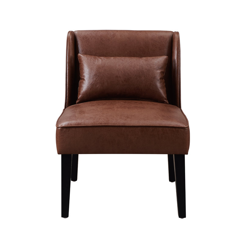 Evangeleen Faux Leather Lounge Chair with Pillow and Dark-Finished Solid Wood Legs, Brown