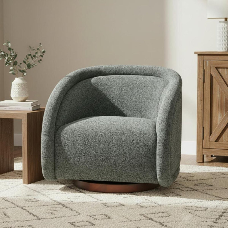 Chaise pivotante verte Sabbo avec base en bois massif noyer, Grey Boucle