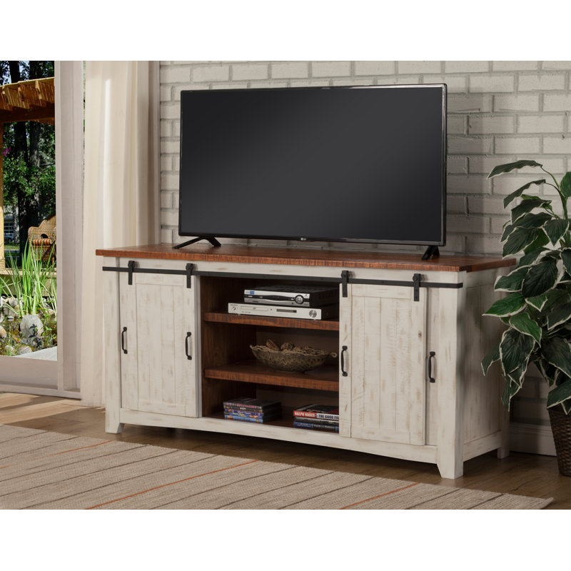 Meuble télé en bois massif Kinsella, Blanc antique / miel