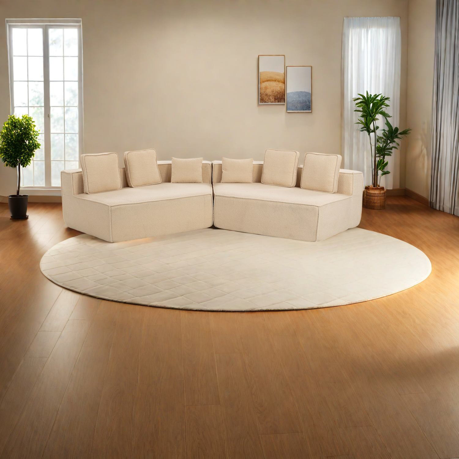 Latitude Run® Comfortable Beige Teddy Fabric Sectional Sofa, Modern ...