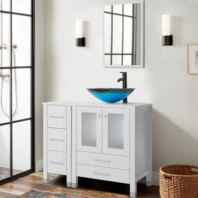 Meuble-lavabo simple 36 po avec comptoir en bois Giniebra, lavabo vasque, robinet en alliage de zinc, pieds en bois massif