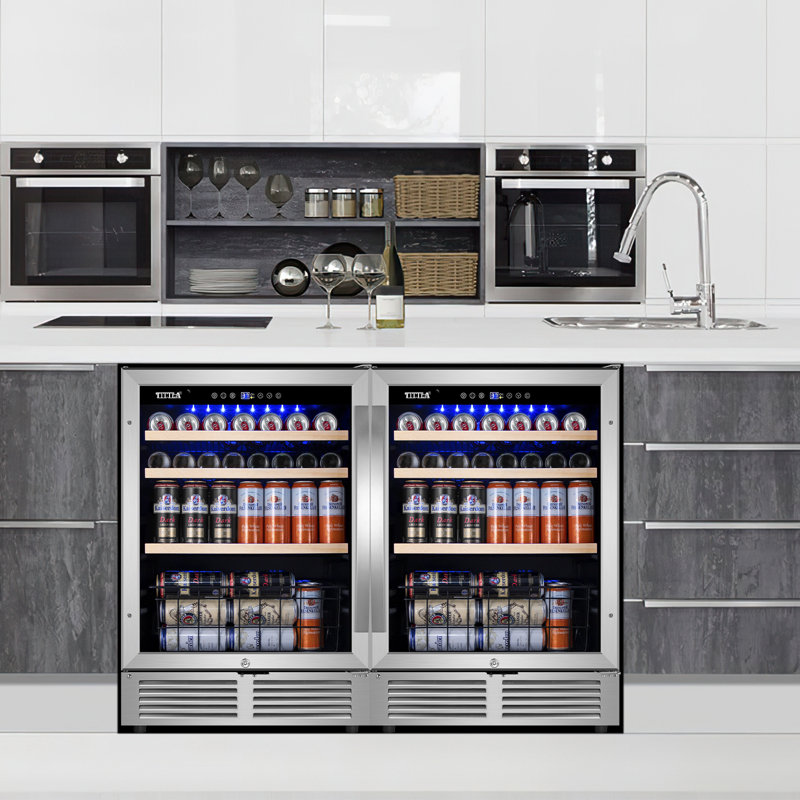 48" Beverage Refrigerator 360 Can Dual Zone Built-in Split Beer Cooler with Four Handles