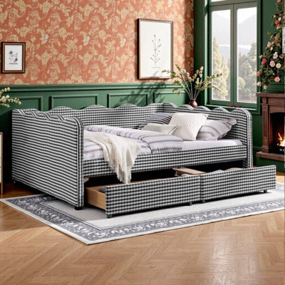 Full\Queen Size Daybed With Storage Drawers, USB Port, Wave Design Linen Fabric Bed