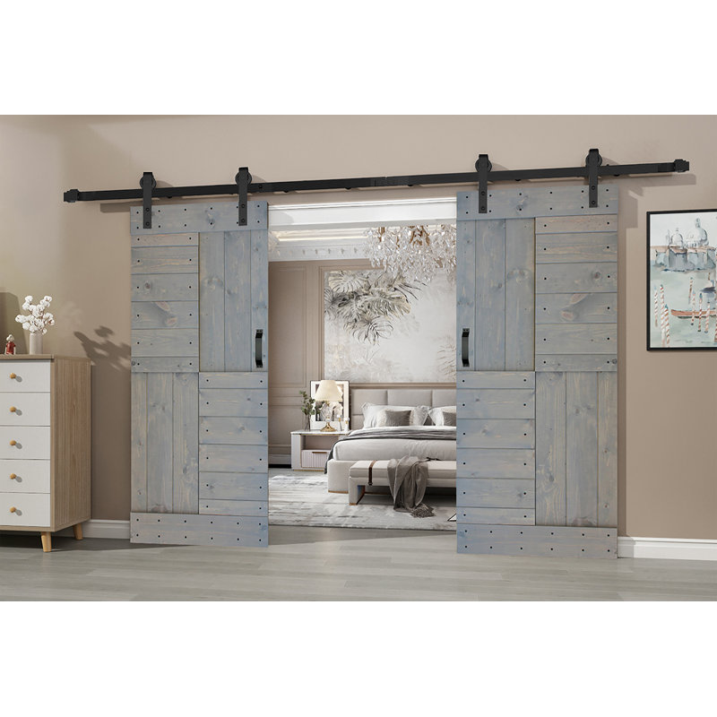 Porte de grange coulissante double en bois massif avec trousse de quincaillerie brevetée S Series - assemblage requis