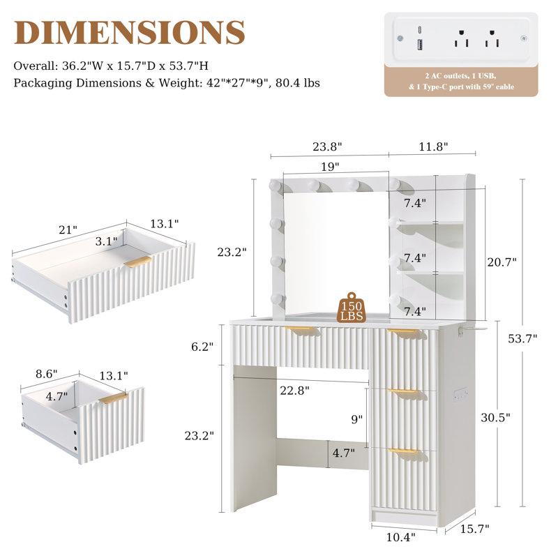 36" White Makeup Vanity With Charging Station, 4 Drawers, 3 Shelves and Glass Top, White