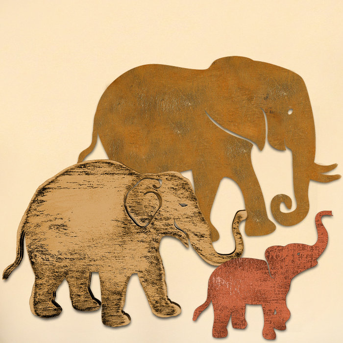 Décoration murale en bois éléphant family, H 18 po x l 18 po
