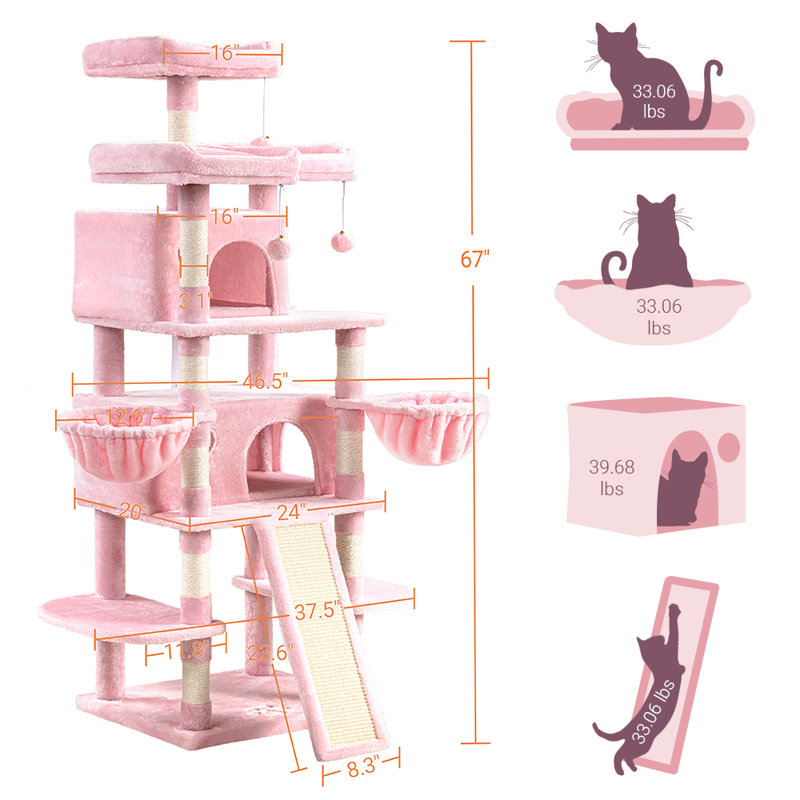 Lima Pet Heavy Duty Carpet 68 Inch Multi-Level Cat Tree Condos and Scratching Posts Included, Pink