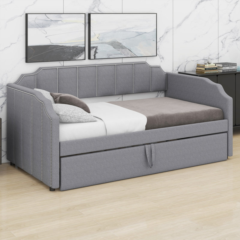 Upholstered Daybed with Pop-Up Trundle for Guest Room & USB Charging Ports, Gray
