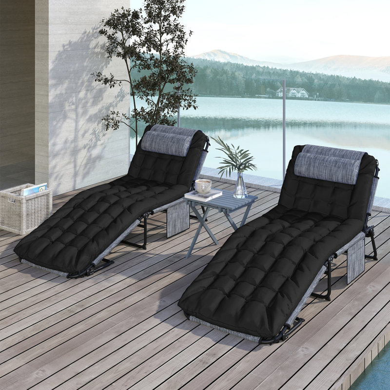 2 chaises longues pliantes, chaises de bronzage inclinables, Noir, noir, noir, noir