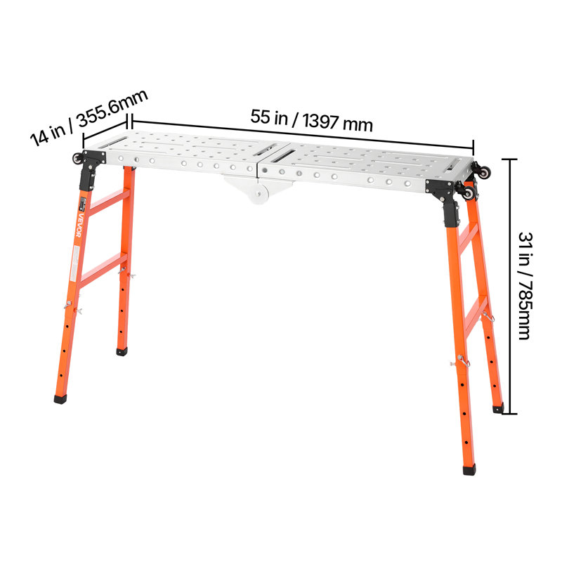 Table de soudage pliable 2 en 1, établi de 140 x 35,5 cm, capacité de 500 kg, hauteur réglable sur 5 niveaux, plateforme de soudage en acier robuste avec 4 roues, 12 emplacements pour outils et trous de fixation de 1,4 cm pour ateliers